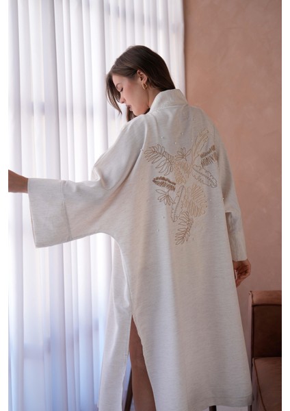 Kadın Natur Keten Sırtı Nakışlı Inci Detaylı Uzun Kimono Ceket 29001