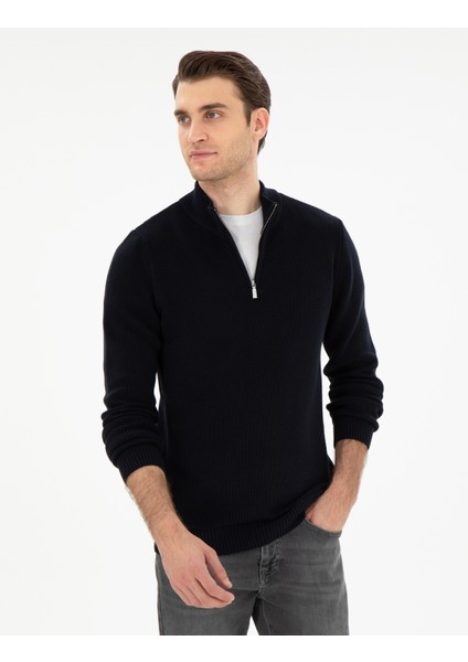 Erkek Lacivert Slim Fit Fermuarlı Dik Yaka Kazak 50297123-VR033