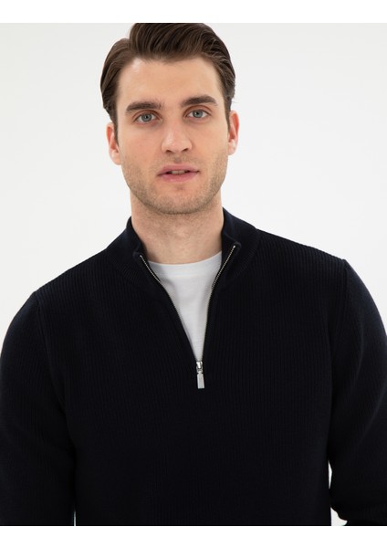 Erkek Lacivert Slim Fit Fermuarlı Dik Yaka Kazak 50297123-VR033 fiyatları