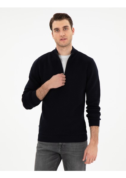 Erkek Lacivert Slim Fit Fermuarlı Dik Yaka Kazak 50297123-VR033 modelleri