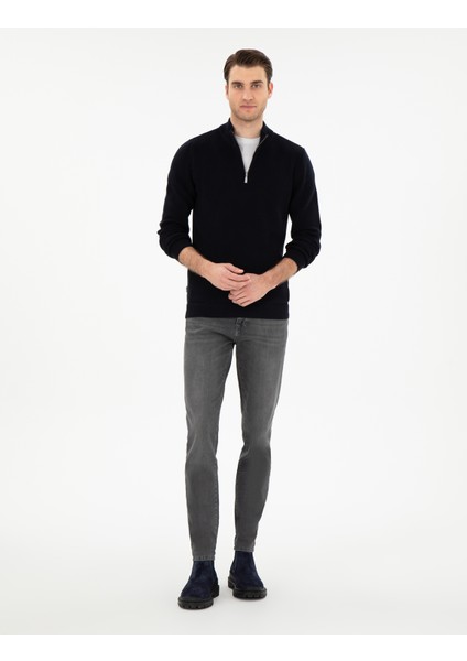 Erkek Lacivert Slim Fit Fermuarlı Dik Yaka Kazak 50297123-VR033 fırsatları