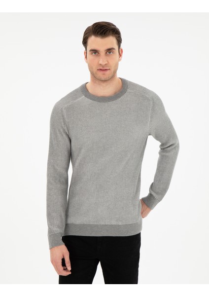 Erkek Açık Gri Melanj Slim Fit Bisiklet Yaka Triko Kazak 50297117-VR091