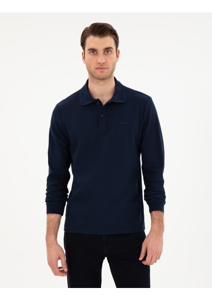 Erkek Lacivert Slim Fit Kıvrılmaz Yaka Sweatshirt 50307408-VR033