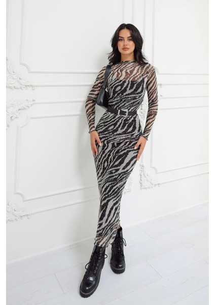 Zebra Desen Simli Astarlıtül Elbise