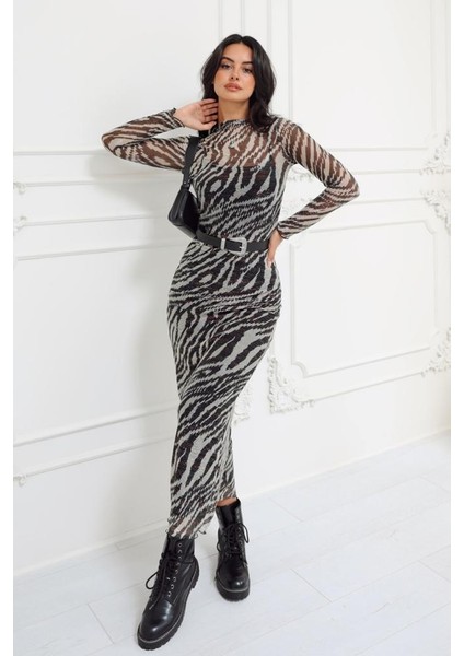 Zebra Desen Simli Astarlıtül Elbise