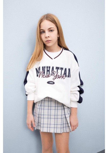 Kız Çocuk Oversize Geniş Kalıp Bisiklet Yaka Baskılı Sweatshirt D9917A825SP