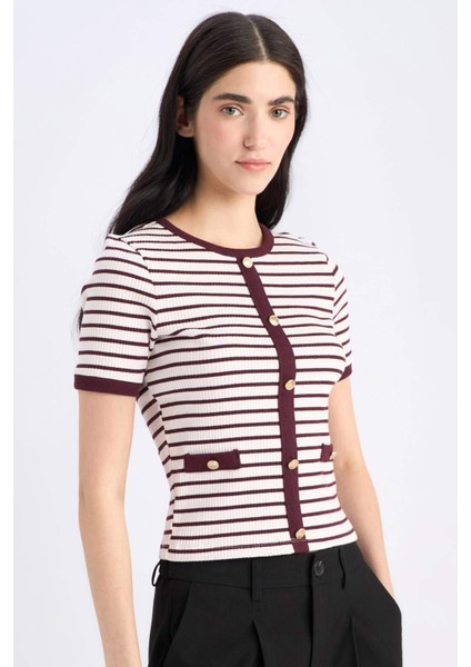 Slim Fit Dar Kesim Bisiklet Yaka Çizgili Fitilli Kaşkorse Kısa Kollu Tişört C2566AX25SP
