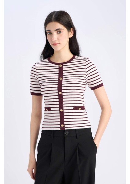 Slim Fit Dar Kesim Bisiklet Yaka Çizgili Fitilli Kaşkorse Kısa Kollu Tişört C2566AX25SP modelleri