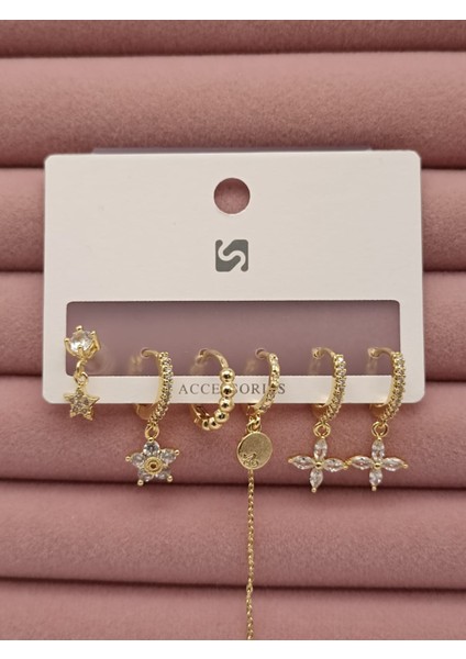 Altılı Zirkon Küpe Gold