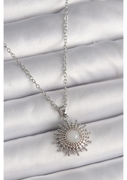 316L Çelik Gümüş Renk Zincir Beyaz Mineli Güneş Model Kadın Kolye