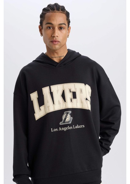 Defacto Fit Nba Los Angeles Lakers Oversize Geniş Kalıp Kapüşonlu Skuba Dalgıç Kumaş Sporcu Sweatshırt D6709Ax25Sp