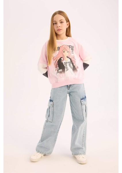 Kız Çocuk Relax Fit Bisiklet Yaka Baskılı Sweatshirt E0460A825SP indirimleri