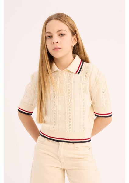 Kız Çocuk Cropped Fit Polo Yaka Kazak E0364A825SP