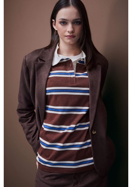 Coool Loose Fit Polo Yaka Çizgili Uzun Kollu Tişört E4915AX25SP