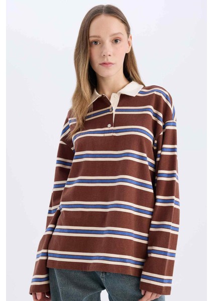 Coool Loose Fit Polo Yaka Çizgili Uzun Kollu Tişört E4915AX25SP modelleri