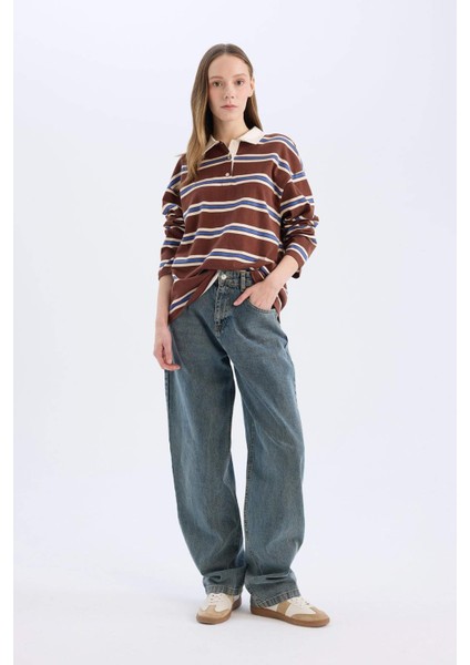Coool Loose Fit Polo Yaka Çizgili Uzun Kollu Tişört E4915AX25SP fırsatları