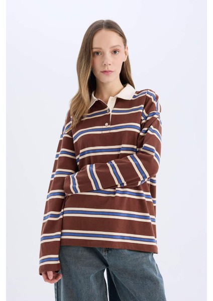 Coool Loose Fit Polo Yaka Çizgili Uzun Kollu Tişört E4915AX25SP indirimleri