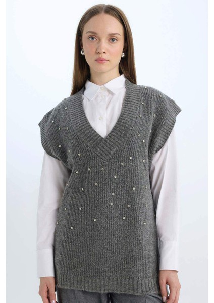 Relax Fit V Yaka Taşlı Triko Süveter D7512AX24WN