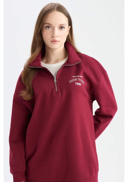 Regular Fit Fermuarlı Dik Yaka Baskılı İçi Yumuşak Tüylü Kalın Sweatshirt Tunik E8846AX24CW