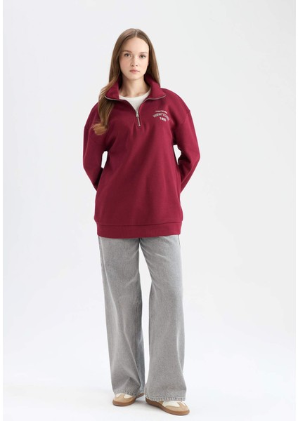 Regular Fit Fermuarlı Dik Yaka Baskılı İçi Yumuşak Tüylü Kalın Sweatshirt Tunik E8846AX24CW fiyatları