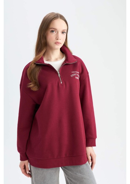 Regular Fit Fermuarlı Dik Yaka Baskılı İçi Yumuşak Tüylü Kalın Sweatshirt Tunik E8846AX24CW fırsatları