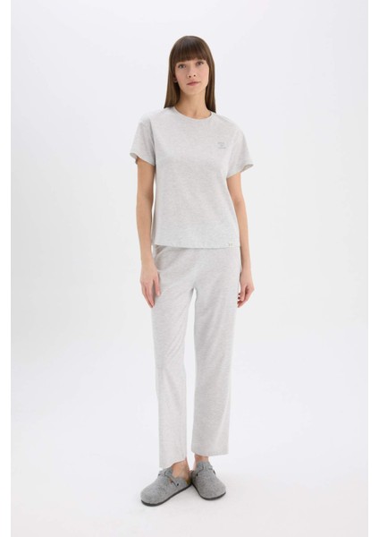 Pijama Takımı Bisiklet Yaka Kısa Kollu Üst Beli Lastikli Uzun Alt-Fall in Love E5820AX25SP