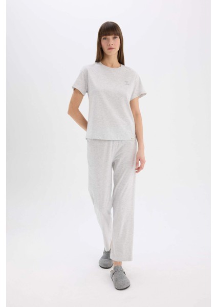 Pijama Takımı Bisiklet Yaka Kısa Kollu Üst Beli Lastikli Uzun Alt-Fall in Love E5820AX25SP