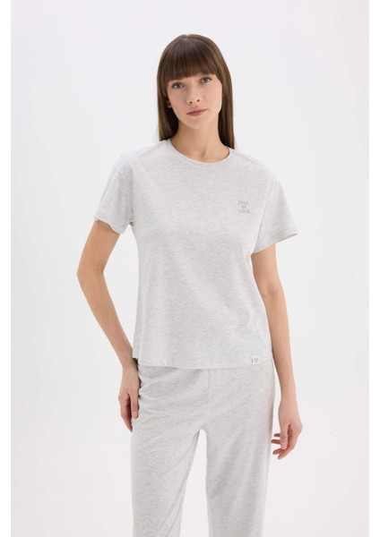 Pijama Takımı Bisiklet Yaka Kısa Kollu Üst Beli Lastikli Uzun Alt-Fall in Love E5820AX25SP