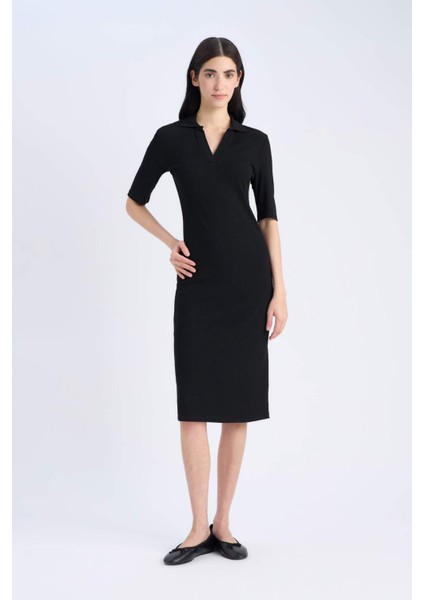 Bodycon Vücudu Saran Polo Yaka Fitilli Kaşkorse Kısa Kollu Midi Elbise E6806AX25SP