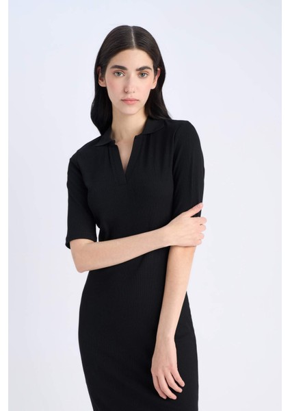 Bodycon Vücudu Saran Polo Yaka Fitilli Kaşkorse Kısa Kollu Midi Elbise E6806AX25SP fırsatları