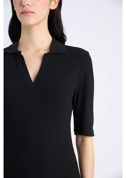 Bodycon Vücudu Saran Polo Yaka Fitilli Kaşkorse Kısa Kollu Midi Elbise E6806AX25SP indirimleri