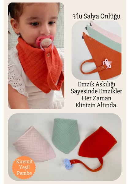 3'lü %100 Pamuk 8 Katlı Müslin Emzik Askılıklı Kız Erkek Bebek Salya ve Mama Önlüğü *pembe*yeşil*kiremit fırsatları