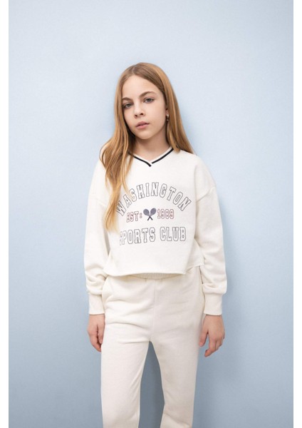 Kız Çocuk 2'li Takım Baskılı Sweatshirt Beli Paçası Lastikli Eşofman Altı D9886A825SP