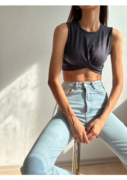 Kadın Antrasit Burgulu Crop Top