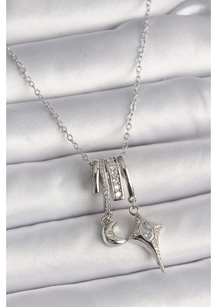 316L Çelik Gümüş Renk Zincir Zirkon Taşlı Sallantı Hilal Yılıdız Model Kadın Charm Kolye