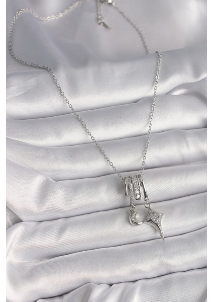 316L Çelik Gümüş Renk Zincir Zirkon Taşlı Sallantı Hilal Yılıdız Model Kadın Charm Kolye fiyatları