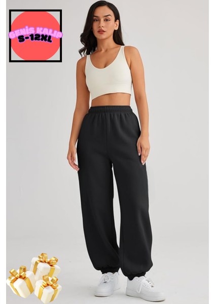 Kışlık Bol Kalıp Kalın Eşofman Baggy Sweatpants Jogger Siyah-Gri modelleri