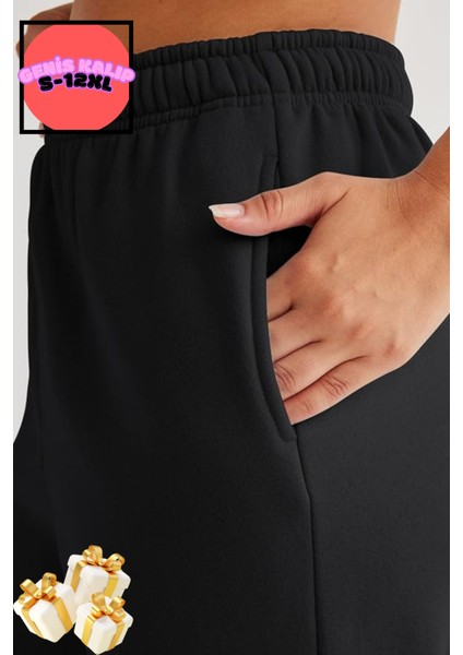 Kışlık Bol Kalıp Kalın Eşofman Baggy Sweatpants Jogger Siyah-Gri fırsatları