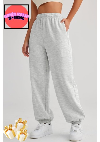 Kışlık Bol Kalıp Kalın Eşofman Baggy Sweatpants Jogger Siyah-Gri