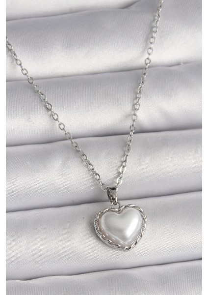 316L Çelik Gümüş Renk Zincir 3D Inci Kalp Model Kadın Kolye