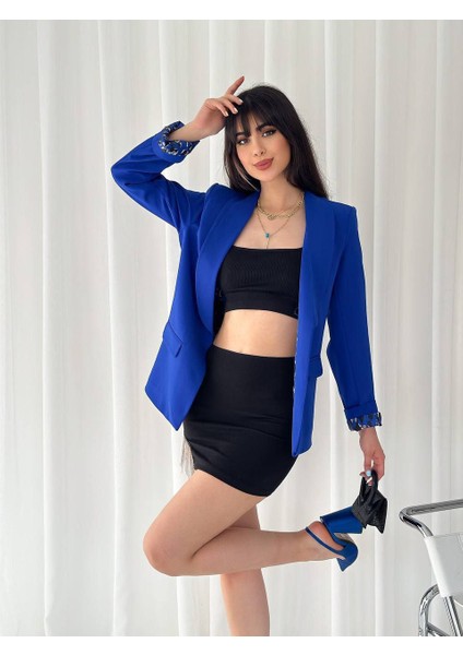 Kadın Düğmesiz Cepli Astarlı Katlanılabilir Kol Blazer Ceket