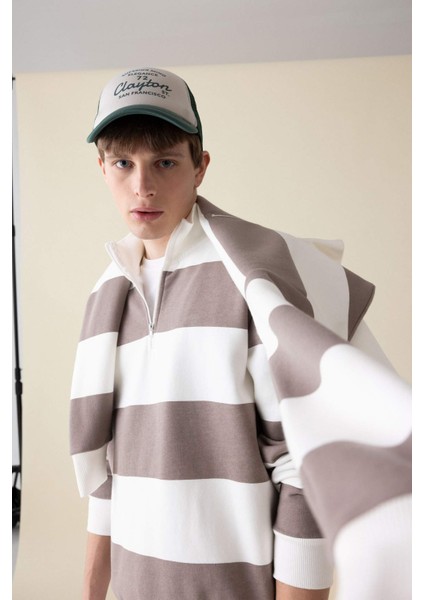 Boxy Fit Fermuarlı Dik Yaka Çizgili Sweatshirt C7045AX24AU