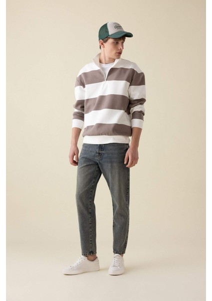 Boxy Fit Fermuarlı Dik Yaka Çizgili Sweatshirt C7045AX24AU