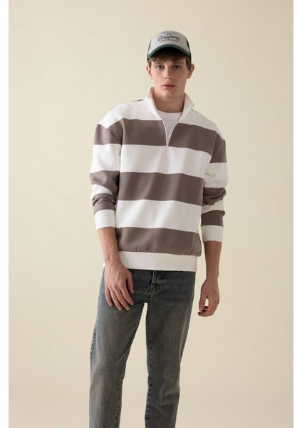 Boxy Fit Fermuarlı Dik Yaka Çizgili Sweatshirt C7045AX24AU