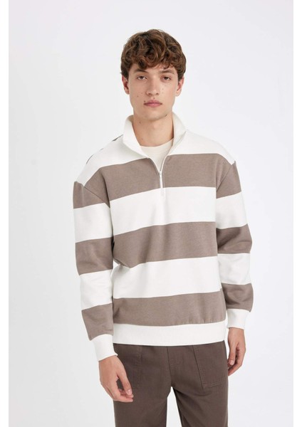 Boxy Fit Fermuarlı Dik Yaka Çizgili Sweatshirt C7045AX24AU