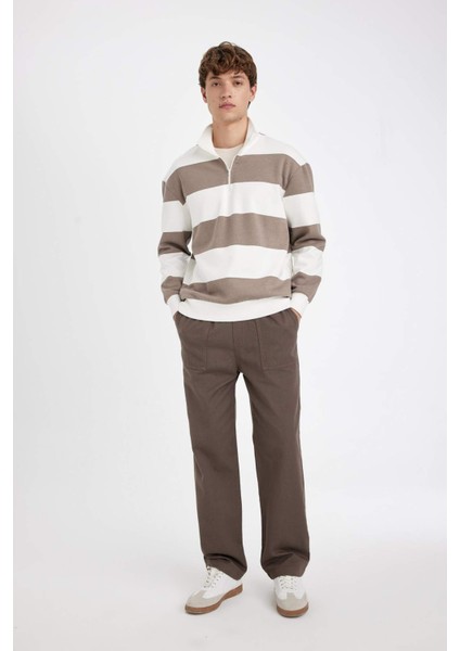 Boxy Fit Fermuarlı Dik Yaka Çizgili Sweatshirt C7045AX24AU