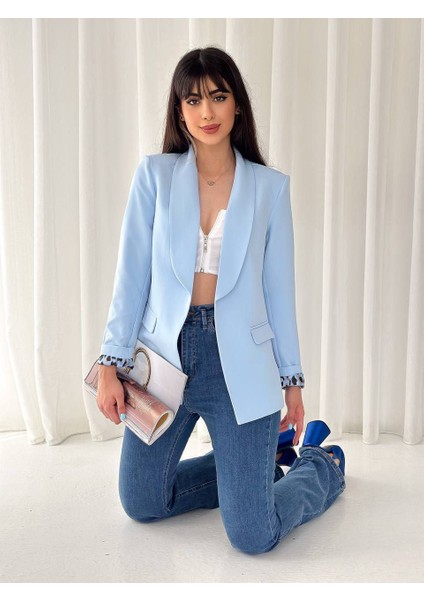 Kadın Düğmesiz Cepli Astarlı Katlanılabilir Kol Blazer Ceket