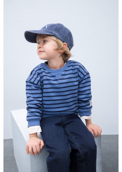 Erkek Bebek 2'li Takım Bisiklet Yaka Çizgili Sweatshirt Beli Lastikli Eşofman Altı D7750A525SP
