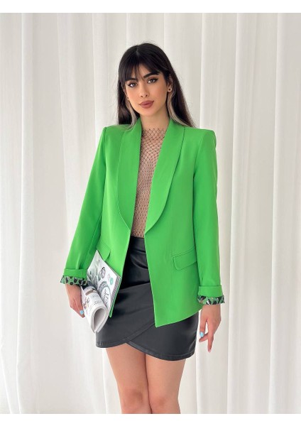 Kadın Düğmesiz Cepli Astarlı Katlanılabilir Kol Blazer Ceket