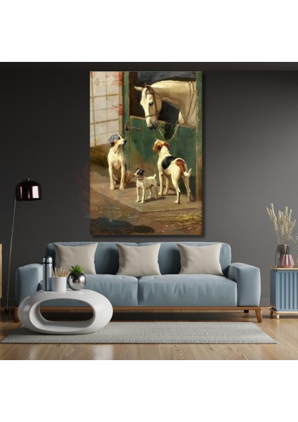 Çiftlikteki At ve Köpekler Kanvas Duvar Tablosu Yağlı Boya Görünümlü Tablo